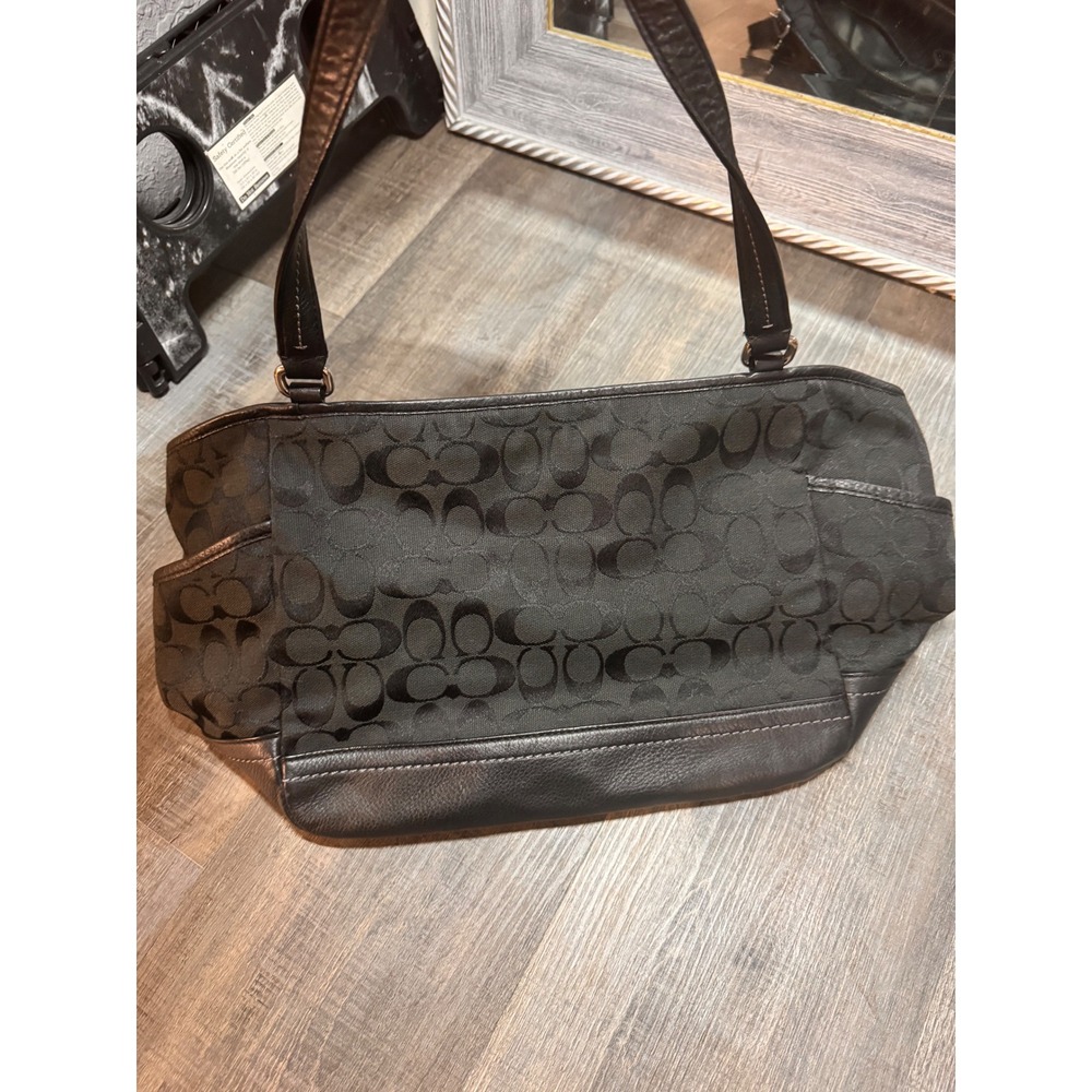 Coach Signature Black Canvas Leather Tote Shoulder Bag - Picture 5 of 9